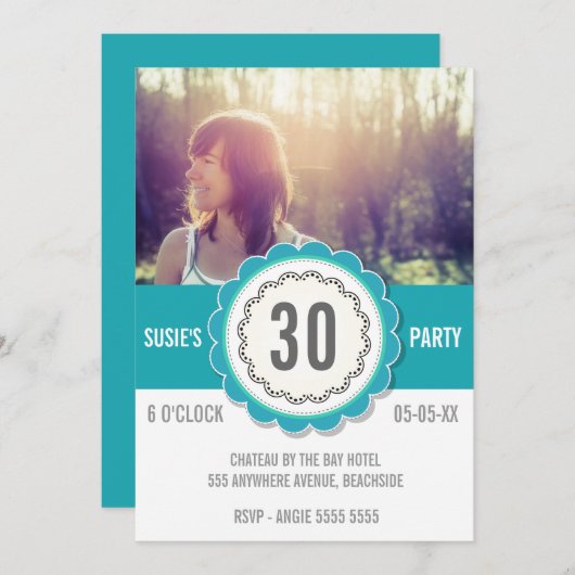 ティール（緑がかった色）レース写真30th誕生日パーティー招待状 招待状 (正面/裏面)