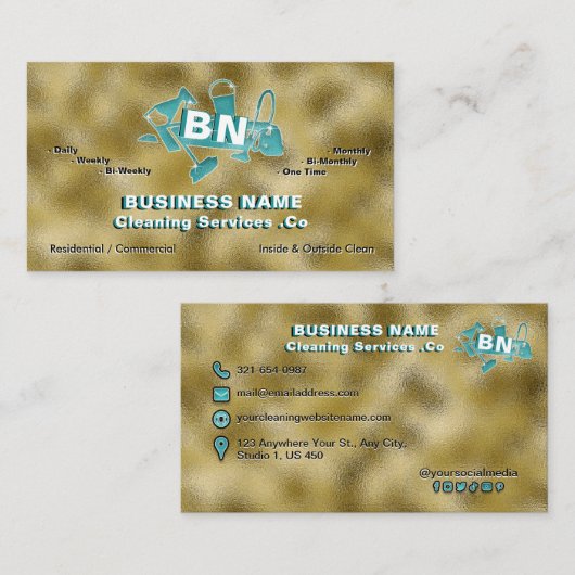 ティール（緑がかった色）ロゴクリーニングサービスエレガントプロフェッショナル 名刺 (正面/裏面)