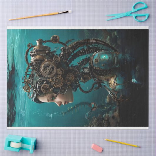 ティール（緑がかった色）ロボットスチームパンクガールウォーター世界の切り離し 薄葉紙 (クラフト)