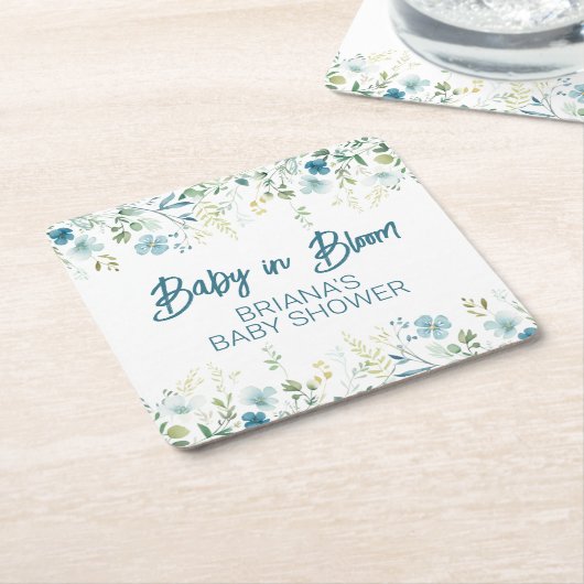 ティール（緑がかった色）ワイルドフラワーズボーイベビーシャワー スクエアペーパーコースター (アングル)