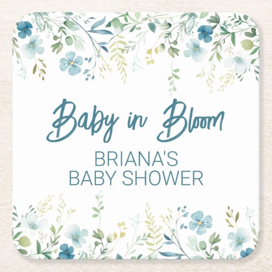 ティール（緑がかった色）ワイルドフラワーズボーイベビーシャワー スクエアペーパーコースター (正面)