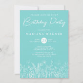 ティール（緑がかった色）ワイルドフラワーバースデーパーティーの招待 招待状 (正面)