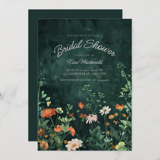 ティール(緑がかった色)ワイルドフラワーブライダルシャワー招待 招待状 (正面/裏面)