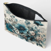 ティール（緑がかった色）ヴィンテージインスパイアフローラ化粧用パウチ アクセサリーポーチ (見開き)