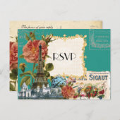 ティール（緑がかった色）ヴィンテージエッフェルタワーバラ日付カードを保存 インビテーションポストカード (正面/裏面)