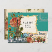 ティール（緑がかった色）ヴィンテージエッフェルタワーバラ日付カードを保存 案内ポストカード (正面/裏面)