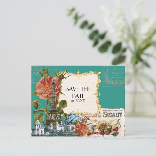 ティール（緑がかった色）ヴィンテージエッフェルタワーバラ日付カードを保存 案内ポストカード (スタンド正面)