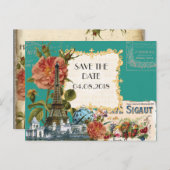 ティール（緑がかった色）ヴィンテージエッフェルタワーバラ日付カードを保存 案内ポストカード (正面/裏面)