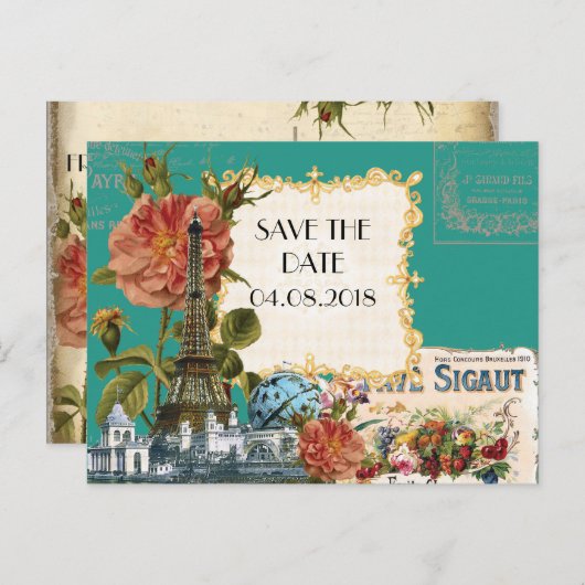 ティール（緑がかった色）ヴィンテージエッフェルタワーバラ日付カードを保存 案内ポストカード (正面/裏面)