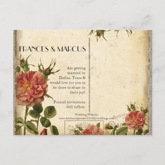 ティール（緑がかった色）ヴィンテージエッフェルタワーバラ日付カードを保存 案内ポストカード (裏面)