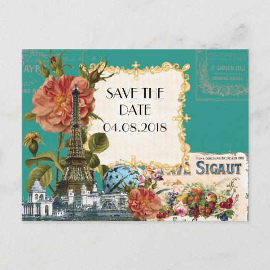 ティール（緑がかった色）ヴィンテージエッフェルタワーバラ日付カードを保存 案内ポストカード (正面)