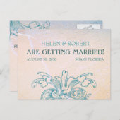 ティール（緑がかった色）ヴィンテージシーシェルスクロールビーチ日付の保存 案内ポストカード (正面/裏面)