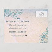 ティール（緑がかった色）ヴィンテージシーシェルスクロールビーチ日付の保存 案内ポストカード (裏面)