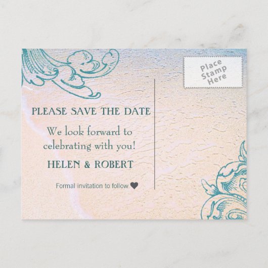 ティール（緑がかった色）ヴィンテージシーシェルスクロールビーチ日付の保存 案内ポストカード (裏面)