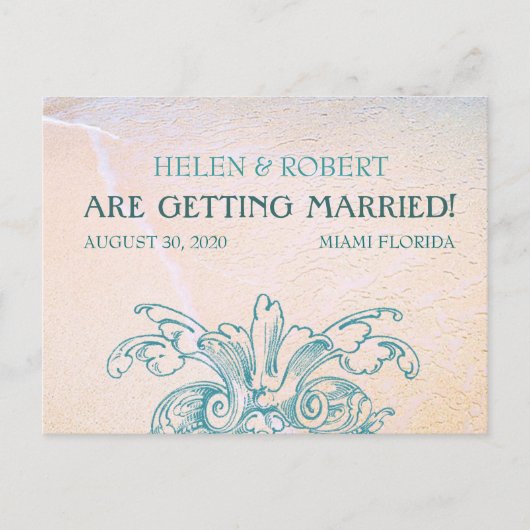 ティール（緑がかった色）ヴィンテージシーシェルスクロールビーチ日付の保存 案内ポストカード (正面)