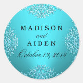 ティール(緑がかった色)ヴィンテージダマスクウェディングステッカー ラウンドシール (正面)
