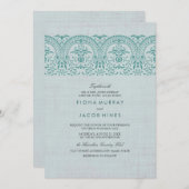 ティール（緑がかった色）ヴィンテージダマスクウェディング招待状 招待状 (正面/裏面)