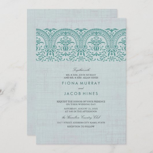 ティール（緑がかった色）ヴィンテージダマスクウェディング招待状 招待状 (正面/裏面)