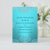 ティール(緑がかった色)ヴィンテージダマスクウェディング日付を保存 セーブザデート (スタンド正面)
