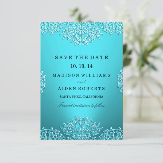ティール(緑がかった色)ヴィンテージダマスクウェディング日付を保存 セーブザデート (スタンド正面)