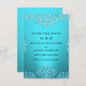 ティール(緑がかった色)ヴィンテージダマスクウェディング日付を保存 セーブザデート (正面/裏面)