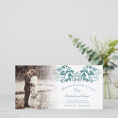 ティール（緑がかった色）ヴィンテージダマスクフローラフローリッシュフォト結婚ズ サンキューカード (スタンド正面)