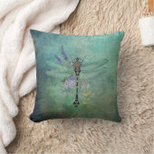 ティール(緑がかった色)ヴィンテージトンボと花 クッション (ブランケット)