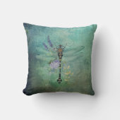 ティール(緑がかった色)ヴィンテージトンボと花 クッション (正面)