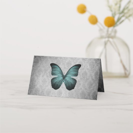 ティール(緑がかった色)ヴィンテージバタフライダマスク披露宴 プレイスカード (裏面)