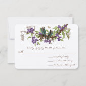 ティール(緑がかった色)ヴィンテージバードオンブランチパープルフラワーズRSVP 招待状 (正面)