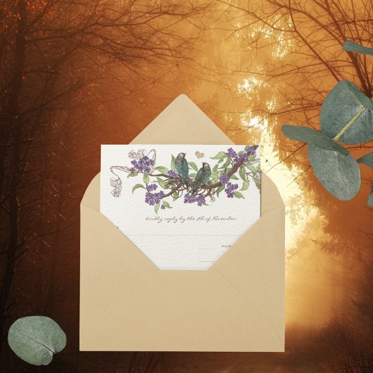 ティール(緑がかった色)ヴィンテージバードオンブランチパープルフラワーズRSVP 招待状