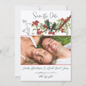 ティール(緑がかった色)ヴィンテージバードレッドフラワーウェディング日付を保存 招待状 (正面)