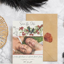 ティール（緑がかった色）ヴィンテージバードレッドフラワーウェディング日付を保存 招待状