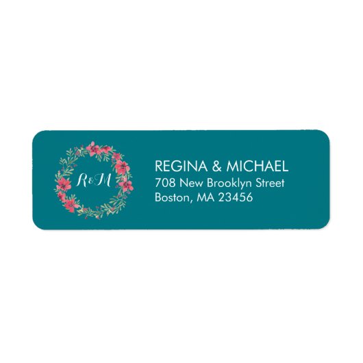 ティール（緑がかった色）ヴィンテージフラワーリースモノグラム住所 シール (正面)