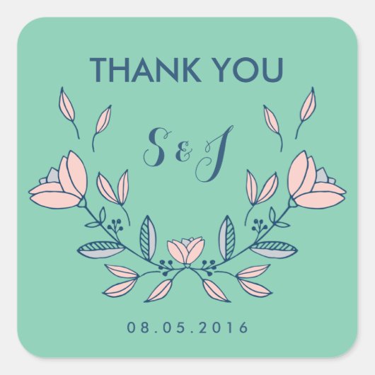 ティール(緑がかった色)ヴィンテージフラワー結婚ズサンキューステッカー スクエアシール (正面)