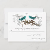 ティール(緑がかった色)ヴィンテージラブバーズウェディングRSVP 出欠カード (裏面)