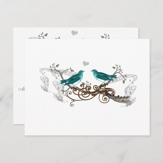 ティール(緑がかった色)ヴィンテージラブバーズウェディングRSVP 出欠カード (正面/裏面)