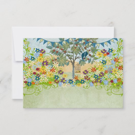 ティール（緑がかった色）ヴィンテージラブバードフラワースワールウェディングRSVP 出欠カード (正面)