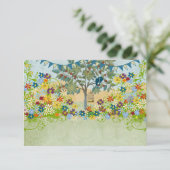 ティール(緑がかった色)ヴィンテージラブバードフラワースワールウェディングRSVP 出欠カード (スタンド正面)