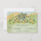 ティール(緑がかった色)ヴィンテージラブバードフラワースワールウェディングRSVP 出欠カード (正面)