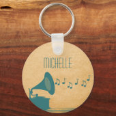 ティール(緑がかった色)ヴィンテージ蓄音器キーチェーン キーホルダー (正面)