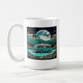 ティール(緑がかった色)ヴィンテージRVカンパーインザマウンテンズレトロ コーヒーマグカップ (左)