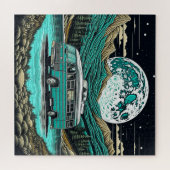 ティール(緑がかった色)ヴィンテージRVカンパーインザマウンテンズレトロ ジグソーパズル (横)