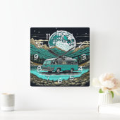 ティール（緑がかった色）ヴィンテージRVカンパーインザマウンテンズレトロ スクエア壁時計 (ホーム)