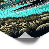 ティール(緑がかった色)ヴィンテージRVカンパーインザマウンテンズレトロ ポスター (角)