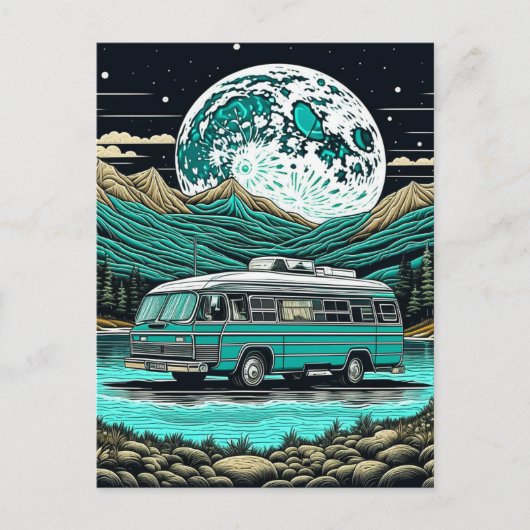 ティール（緑がかった色）ヴィンテージRVカンパーインザマウンテンズレトロ ポストカード (正面)