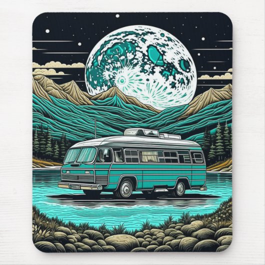 ティール(緑がかった色)ヴィンテージRVカンパーインザマウンテンズレトロ マウスパッド (正面)