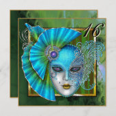 ティール(緑がかった色)ヴェネチアンマスカレードマスクスウィート16招待状 招待状 (正面/裏面)