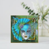 ティール(緑がかった色)ヴェネチアンマスカレードマスクスウィート16招待状 招待状 (スタンド正面)