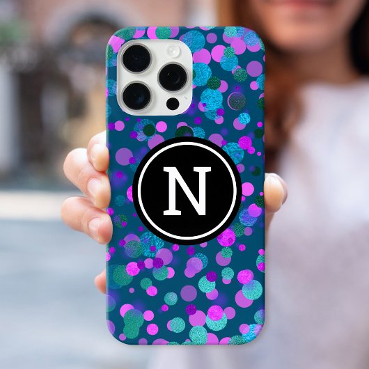 ティール(緑がかった色)上のモノグラムは青い紫の紙吹雪点を輝かせる Case-Mate iPhoneケース